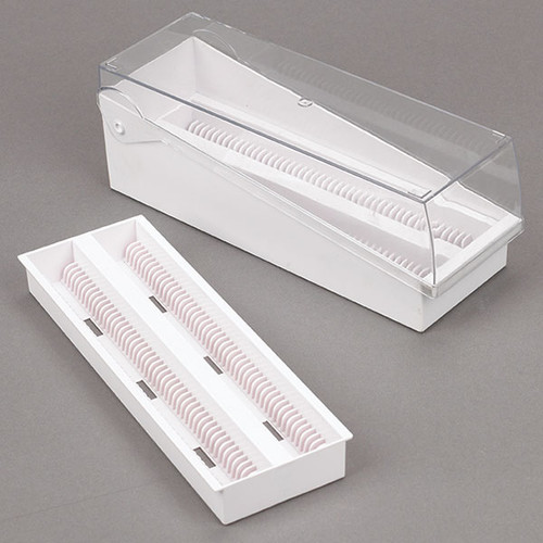 abs white slide storage box with hinged lid and removable draining tray 100 place for up to 200 slides